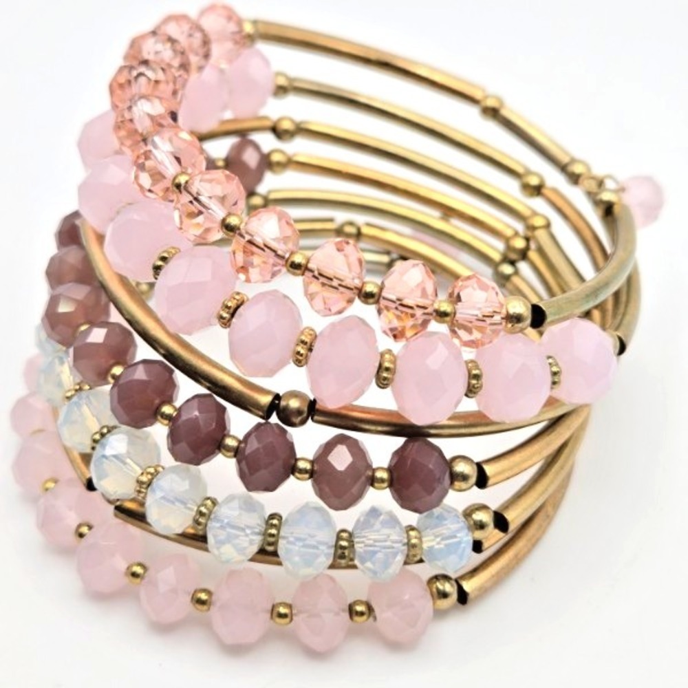Boho‎ Beaded Memory Coil Glass and Stone Wrap Bracelet Pink Mauve Opal Gold Tone